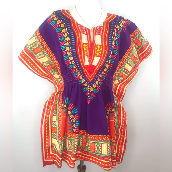 NF Bright Multicolored Kaftan 100% Cotton Top Free Size OS - Picture 2 of 11